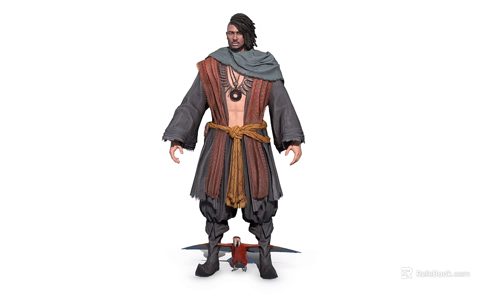 Rugged Man In Traditional Robe With Brown Sash Scarf Necklace And Sword 3d model 