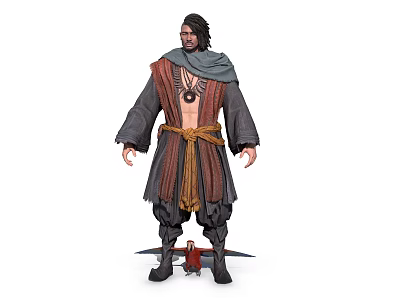 Rugged Man In Traditional Robe With Brown Sash Scarf Necklace And Sword 3d model