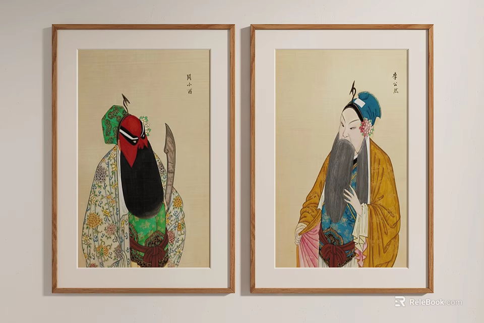 Traditional Chinese Peking Opera Character Paintings With Red White Facial Makeup And Ornate Costumes 3d model 