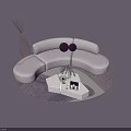 Modern Curved White Sofa And Coffee Table Set With Decorative Pillows And Area Rug