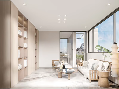 Modern Minimalist Lounge Room With Sofa Armchair Bookshelves And Large Windows 3d model