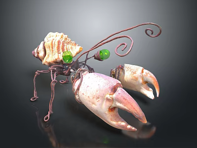 Conch Shell And Lobster Claws Metal Craft With Green Beads Decoration 3d model