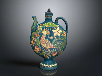 Ornate Blue Ceramic Furniture Accessory With Peacock And Floral Design Patterns 3d model