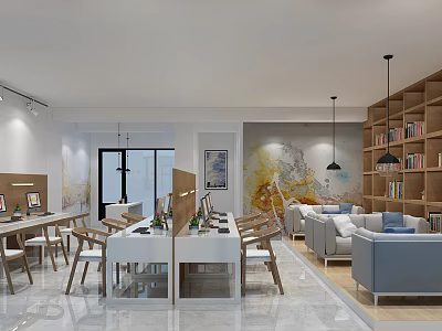 Public Office Space Interior Design With Desks Chairs Sofa Bookshelves And Decorative Painting 3d model