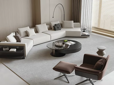 Modern L Shaped Sofa And Coffee Table Set With Pillows Accent Chair And Floor Lamp 3d model