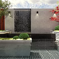 Serene Garden Landscape With Red Trees Green Lawn Stone Pavement Outdoor Seating And Wooden Screen