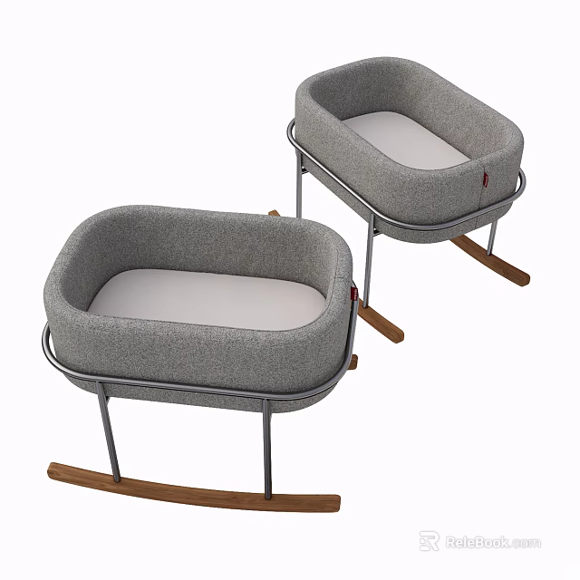 Modern Baby Crib with Gray Fabric Metal Frame Wooden Rocking Legs and Light Colored Mattress 3d model 