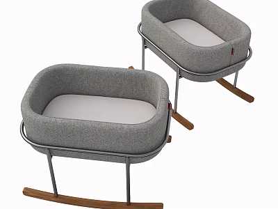 Modern Baby Crib with Gray Fabric Metal Frame Wooden Rocking Legs and Light Colored Mattress 3d model