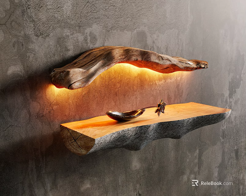 Wooden Wall Lamp With Illuminated Top And Shelf For Decorative Items On Textured Wall 3d model 