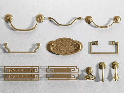 Vintage Brass Drawer And Cabinet Handles With Various Decorative Patterns 3d model