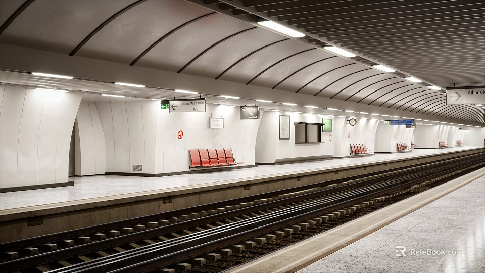 Modern Subway Station Interior With Curved Ceiling Red Seats And Tracks 3d model 