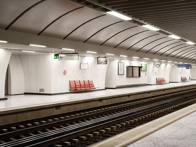 Modern Subway Station Interior With Curved Ceiling Red Seats And Tracks 3d model