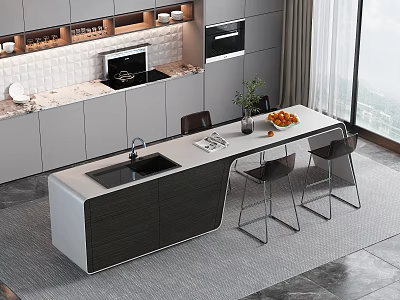 Modern Dining Table Set With Island Counter Chairs And Kitchen Interior 3d model