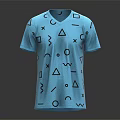 Stylish Blue T-shirt With Geometric Patterns Circles Triangles And Wavy Lines