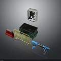Essential Roadside Toll Equipment With Yellow Barrier Red Cone White Machine And Blue Rail