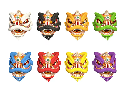 Colorful Lion Dance Heads With Various Vibrant Colors And Traditional Designs 3d model