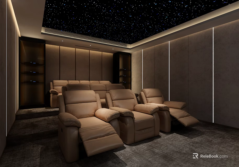 Home Theater Interior With Starry Ceiling And Brown Leather Recliner Seats 3d model 