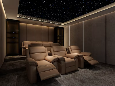 Home Theater Interior With Starry Ceiling And Brown Leather Recliner Seats 3d model