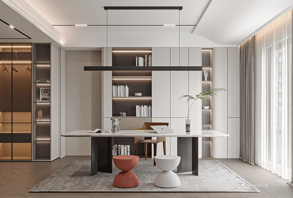 Modern Study Room With Desk Bookshelves And Seating 3d model