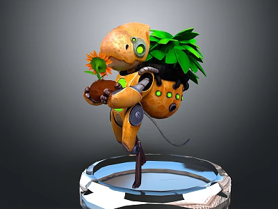 Orange Robot Character With Green Eyes And Leaves Holding Sunflower Pot On Transparent Base 3d model