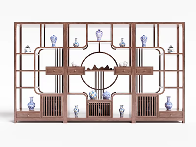 Chinese Style Wooden Curio Shelf With Blue And White Vases And Decorative Ornaments 3d model