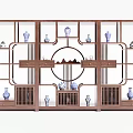 Chinese Style Wooden Curio Shelf With Blue And White Vases And Decorative Ornaments