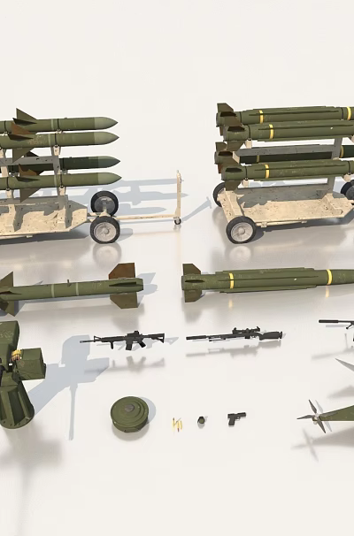 Military Weapon Models Collection Featuring Missiles Rocket Launchers Guns Aircraft And Ammunition Boxes 3d model