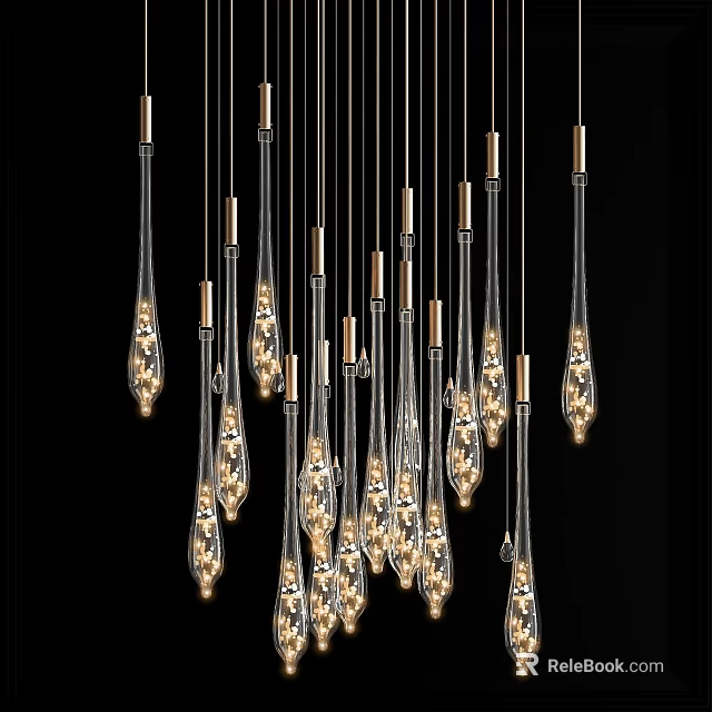 Elegant Modern Chandelier With Glass Teardrop Pendants And Warm Light Glow 3d model 
