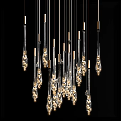 Elegant Modern Chandelier With Glass Teardrop Pendants And Warm Light Glow 3d model