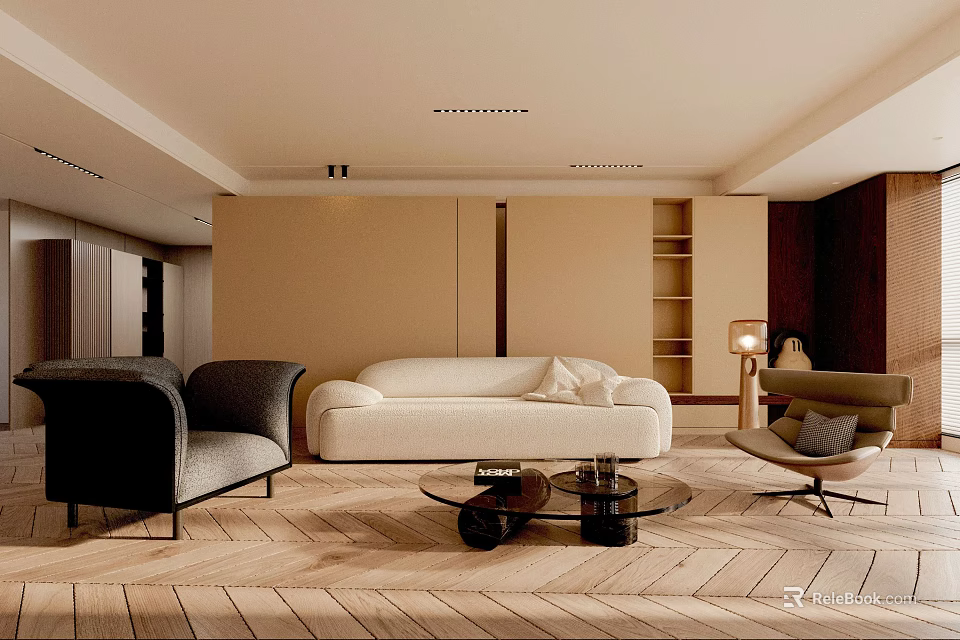 Modern Living Room Interior With Beige Sofa Black Armchair Round Glass Coffee Table Herringbone Floor 3d model 