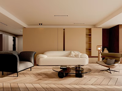 Modern Living Room Interior With Beige Sofa Black Armchair Round Glass Coffee Table Herringbone Floor 3d model