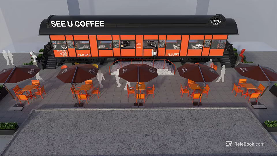 SEE U Coffee Train Shaped Cafe With Outdoor Seating Orange Chairs And Brown Umbrellas 3d model 