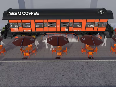 SEE U Coffee Train Shaped Cafe With Outdoor Seating Orange Chairs And Brown Umbrellas 3d model