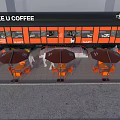 SEE U Coffee Train Shaped Cafe With Outdoor Seating Orange Chairs And Brown Umbrellas