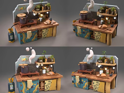 Rustic Kitchen Furniture With Cabinets Shelves Potted Plants And Decorative Elements 3d model