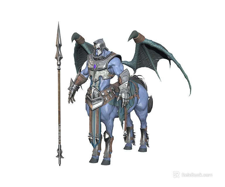 Winged Centaur Warrior In Blue Armor Holding Spiked Lance With Bat-like Wings And Leather Straps 3d model 