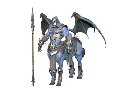 Winged Centaur Warrior In Blue Armor Holding Spiked Lance With Bat-like Wings And Leather Straps 3d model
