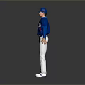 Man in Blue Dodgers Jersey Number 4 Black Sleeves Blue Cap White Pants Standing Pose
