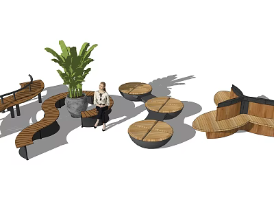 Modern Outdoor Wooden Landscape Seats With Round Tables And Green Plants 3d model