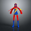 3D Superhero Character With Red Blue Yellow Costume Red Cape And Lightning Symbol