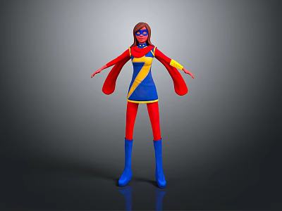 3D Superhero Character With Red Blue Yellow Costume Red Cape And Lightning Symbol 3d model
