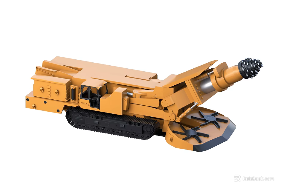 Yellow Crawler Type Industrial Roadheader With Operator Cabin And Drill Bit 3d model