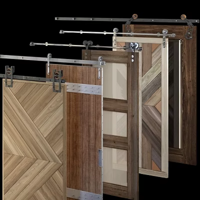 Wooden Hinged Doors With Herringbone Pattern And Metal Hardware For Home Interior Design 3d model
