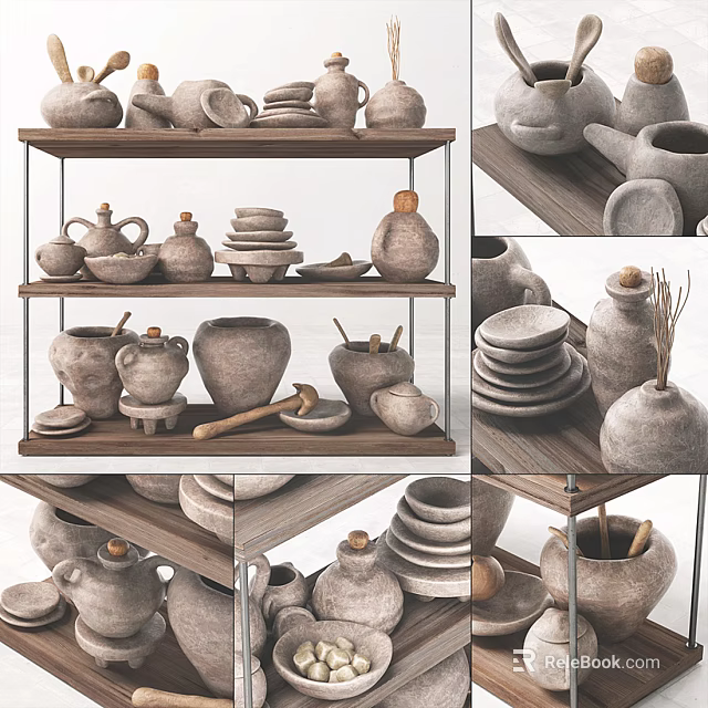 Handcrafted Ceramic Vessels Display with Jars Bowls and Plates on Shelves 3d model 