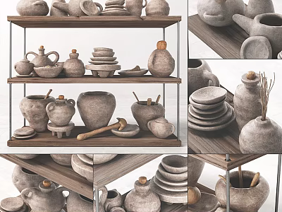 Handcrafted Ceramic Vessels Display with Jars Bowls and Plates on Shelves 3d model