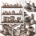 Handcrafted Ceramic Vessels Display with Jars Bowls and Plates on Shelves