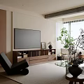 Modern Living Room Interior With Sofa TV Stand Coffee Table Area Rug And Potted Plants