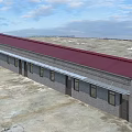 Single Story Building Exterior With Gray Brick Walls Red Roof Multiple Windows And Doors