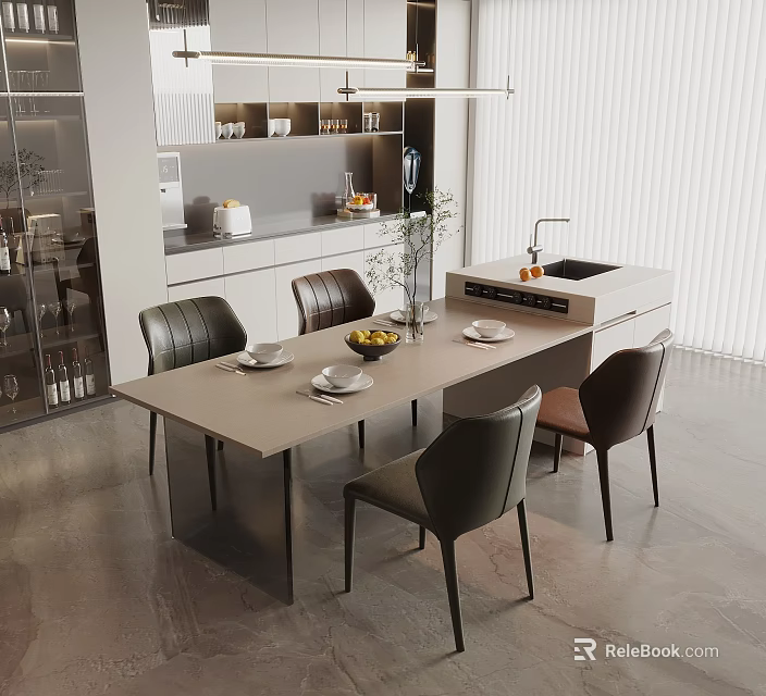 Elegant Modern Dining Table Set With Leather Chairs And Marble Top In Kitchen Interior 3d model