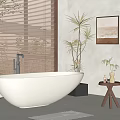 Freestanding White Bathtub In Modern Bathroom With Window Blinds Plants And Side Table